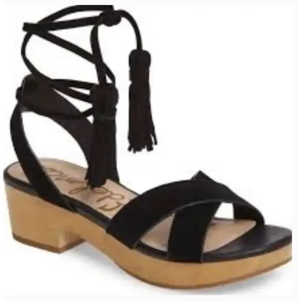SAM EDELMAN Jenna Ankle Wrap Wooden‎ Clog Sandals Retro Lace Up Black Sz 7